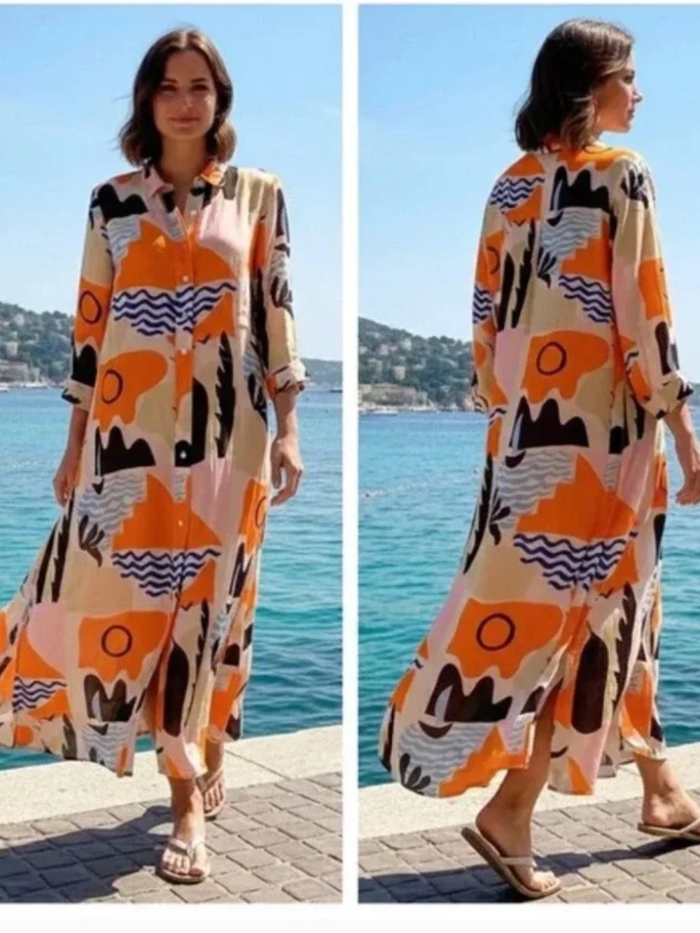 Oliphant XL Cotton Silk Abstract Coastal Print Shirt Dress